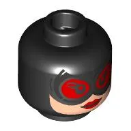 Minifig Head Catwoman, Light Nougat Face, Silver Goggles with Red Glasses, Red Lips, Stitches on Back