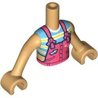 Minidoll Torso Girl with Warm Tan Arms and Hands with Coral Overall, Arrow, Bright Light Blue/Yellow Striped Shirt print