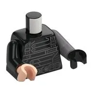 Torso, Odd Arms and Hands, Black Straps print, Left Flat Silver Arm and Black Hand, Right Black Arm and Light Nougat Hand
