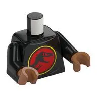 Torso, Jurassic Park Symbol, Black Dino on Red Field, Yellow Circle print, Black Arms, Sienna Brown Hands