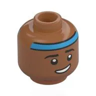 Minifig Head Pavitr Prabhakar, Black Eyebrows, Blue Head Band, Lopsided Grin, Raided Eyebrow / Angry Scowl