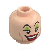 Minifig Head Cruella de Vil, Black Eyebrows, Lime Eyeshadow, Nougat Lines, Red Lips, Open Mouth Laugh / Angry Scowl