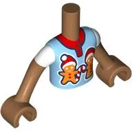Minidoll Torso Boy with Medium Nougat Arms and Hands with Bright Light Blue Shirt, Red Collar, Gingerbread Man print