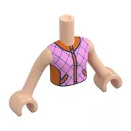 Minidoll Torso Girl with Bright Pink Jacket, Reddish Orange Zipper, Collar, Dark Blue Diamonds Print, Light Nougat Arms and Hands