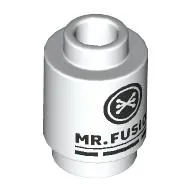 Brick Round 1 x 1 Open Stud with Black 'MR. FUSION' print