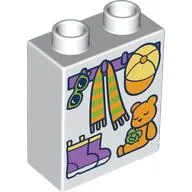 Duplo Brick 1 x 2 x 2 with Bottom Tube, Hooks with Scarf and Hat, Shoes, and Teddy Bear Print
