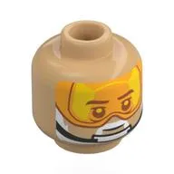 Minifig Head Carson Teva, Dark Bluish Grey Eyebrows, White Beard, Neutral / Black Chin Strap, Trans-Orange Visor