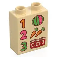 Duplo Brick 1 x 2 x 2 with '1', '2', '3', Jam Jars, Carrots, and Watermelon Print