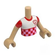 Minidoll Torso Boy with Warm Tan Arms and Hands with White Shirt, Red Sleeves, Pizza, Red/Bright Pink Squares Print