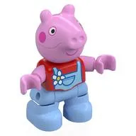 Duplo Figure Child, Pig with Dark Pink Cheeks, Flower, Bright Light Blue Overall print (Peppa Pig)