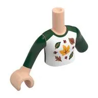 Minidoll Torso, Left Limb Reduction with White Shirt, Dark Green Sleeves, Leaves print, Dark Green Arms, Light Nougat Hand