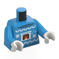Torso, Christmas Sweater, White Snowflakes, Fireplace Print, Dark Azure, White Hands