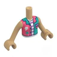 Minidoll Torso Girl with Coral/Dark Turquoise Jacket, Paint Splotches, White/Lavender Striped Shirt Print, Warm Tan Arms and Hands