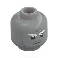 Minifig Head Tombstone, White Eyebrows, Dark Bluish Grey Stubbles, Moustache, Lopsided Grin / Stern