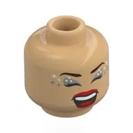 Minifig Head Olivia Rodrigo, Dark Brown Eyebrows, Silver/White Eyeshadow, Red Lips, Open Mouth, Neutral / Singing, Eyes Closed