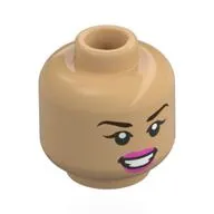 Minifig Head Olivia Rodrigo, Dark Brown Eyebrows, Bright Pink Lips, Open Mouth Smile / Wink, Open Mouth, Red Tongue, Stickers on Face