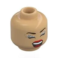 Minifig Head Olivia Rodrigo, Dark Brown Eyebrows, Silver/White Eyeshadow, Red Lips, Wink, Tongue Sticking Out / Singing, Eyes Closed