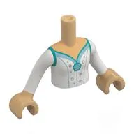 Minidoll Torso Girl with White Dress, Dark Turquoise Trim, Silver Decorations Print, Warm Tan Arms and Hands