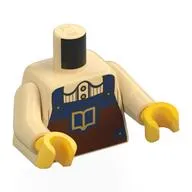 Torso, Tan Sweater, Dark Blue/Reddish Orange Apron with Gold Book Print, Tan Arms, Yellow Hands