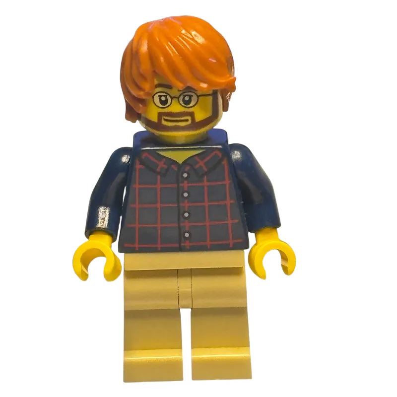Man, Dark Blue Plaid Shirt, Tan Legs, Dark Orange Hair, Glasses and Beard