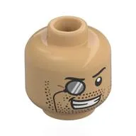 Minifig Head Professor Moriarty, Black Eyebrows, Monocle, Stubbled Beard, Mean Grin