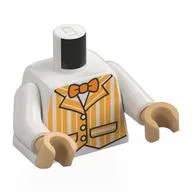 Torso, Bright Light Orange Striped Dapper Dan Jacket, Orange Bow Tie Print, White Arms, Warm Tan Arms