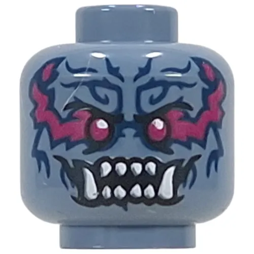 Minifig Head Oni Warrior, Dark Purple Eyes, Magenta/Dark Blue Markings, White Sharp Teeth, Fangs