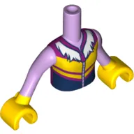 Minidoll Torso Girl with Magenta, Yellow and Black Zipper Ski Vest with Fur Collar Print, Lavender Arms, Yellow Hands