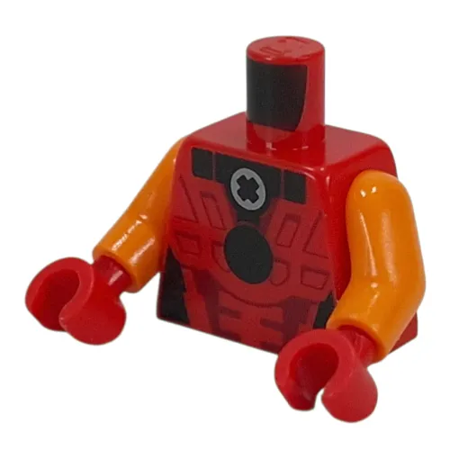 Torso, Dark Red Armor, Black Circle, Light Bluish Grey Technic Bush Print, Orange Arms, Red Hands