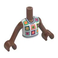 Minidoll Torso Girl with White Top, Crocheted Granny Squares Print, Medium Brown Arms and Hands