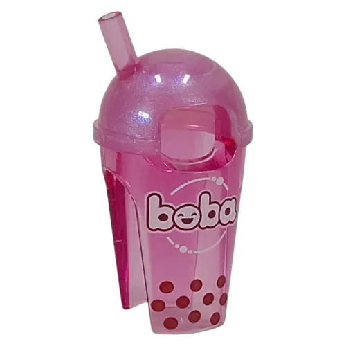 Costume Cup and Straw Suit with Opal-Trans Pink Lid, White 'boba', Dark Red Dots Print