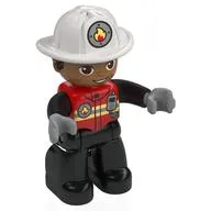 Duplo Figure with Helmet, Black Legs, Jacket with Bright Light Yellow Safety Stripes, Fire Badge, and Radio Print (Firefighter)