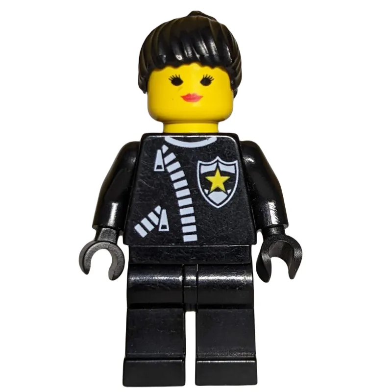 Policewoman, Black Jacket with Zipper and Badge, Black Hair