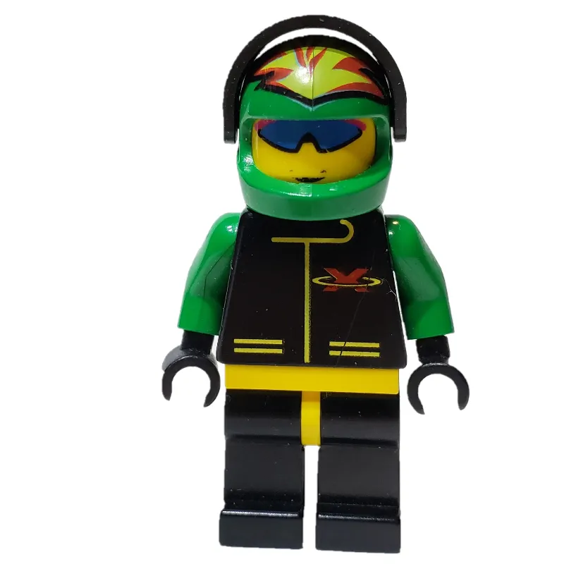 Racer, Extreme Team, Black Jacket, Black Legs, Green Helmet with Visor, Blue Sunglasses