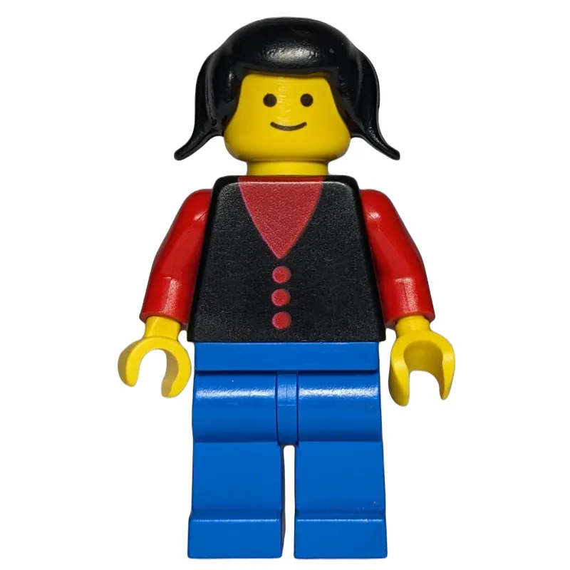 Woman, Black Vest over Red Top, Blue Legs, Black Hair