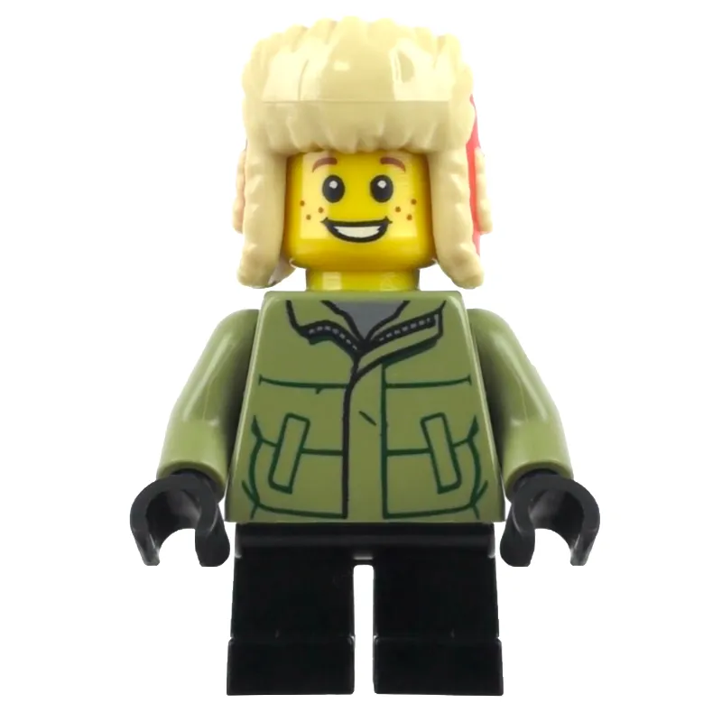 Boy, Olive Green Jacket, Black Legs, Red Ushanka Hat