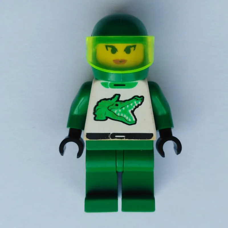 Racer, Woman, Green and White Outfit with Crocodile, Green Helmet with Visor