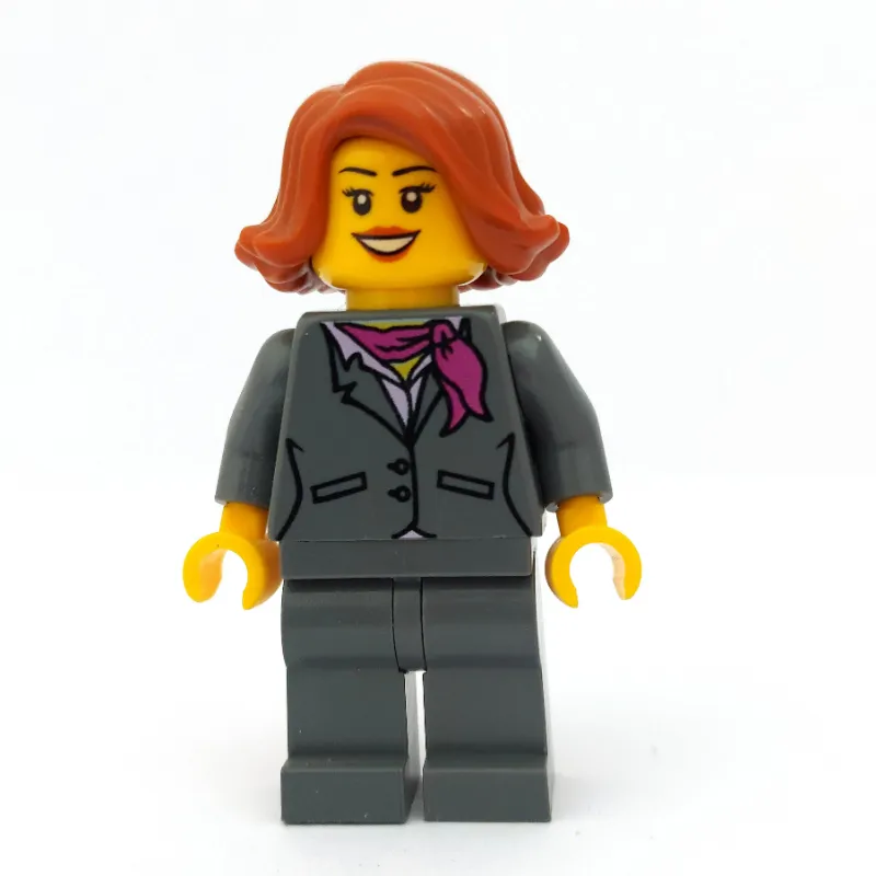 Woman, Dark Bluish Gray Suit with Magenta Scarf, Dark Orange Hair