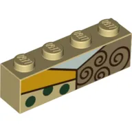 Brick 1 x 4 with Aqua, Yellow, Dark Tan Shapes, Dark Green Dots, Reddish Brown Curls