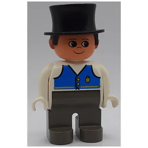 Duplo Figure, Early, Top Hat Black, Dark Gray Legs, Blue Vest Print