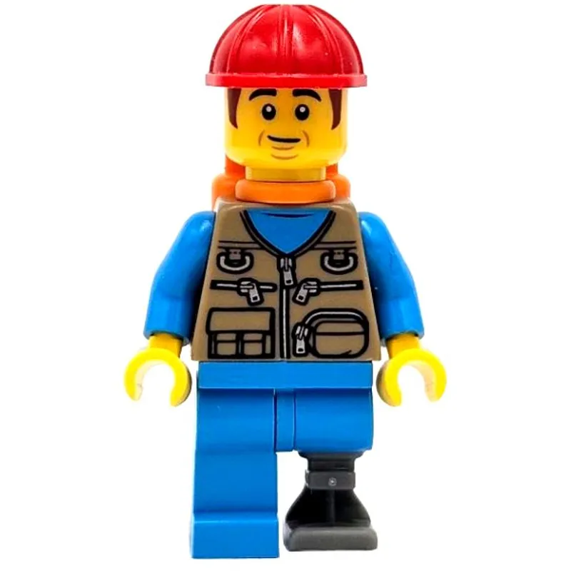 Train Work, Dark Tan Torso, Dark Azure Legs, Prosthetic Leg, Red Hat, Orange Air Tanks