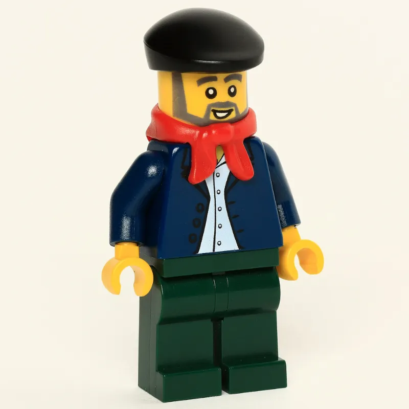 Man, Open Dark Blue Jacket, Dark Green Legs, Red Scarf, Black Beret, Beard