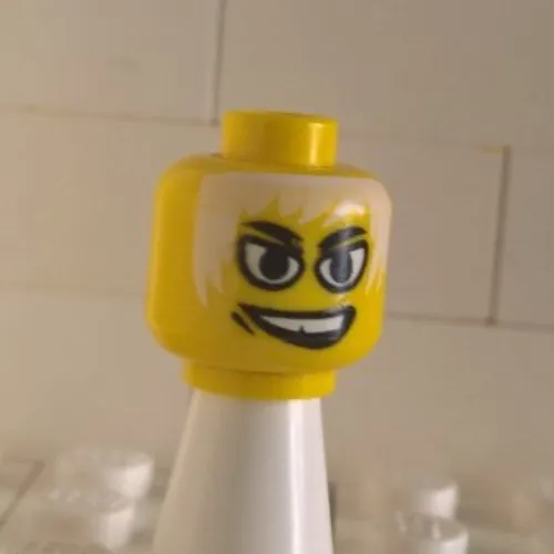 Minifig Head, White Eyes, White Hair, White Teeth and Gap Tooth Grin Print [Blocked Open Stud]