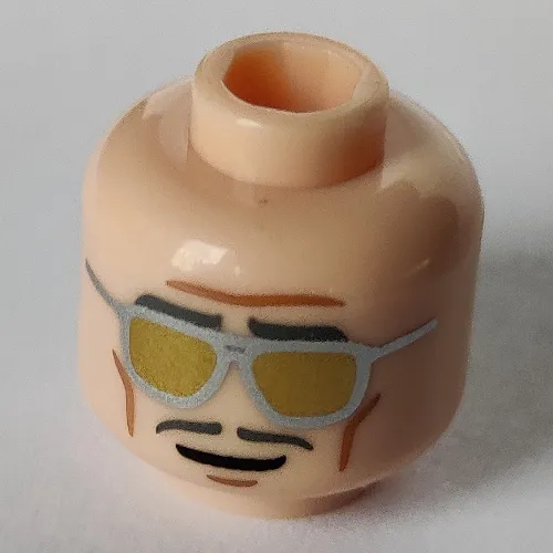 Minifig Head Alfred Pennyworth, Gold Sunglasses, Dark Bluish Gray Eyebrows and Moustache Print