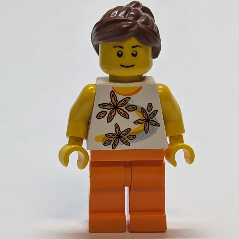 White Torso with Flowers, Orange Leg, Dark Brown Ponytail