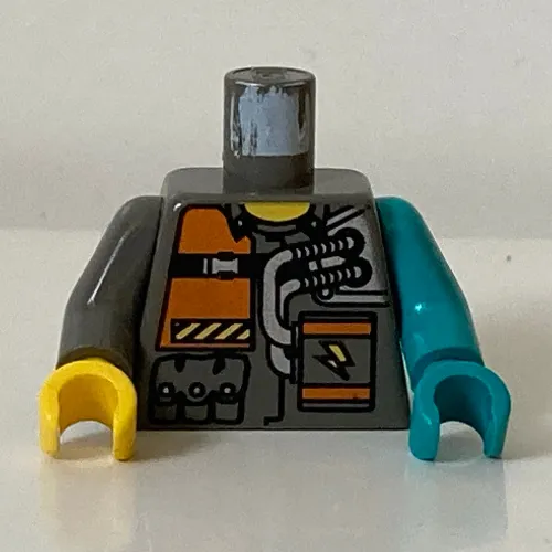 Torso, Odd Arms and Hands, Orange Patch, 2 Hoses Print (Chief) , Left Dark Turquoise Arm and Hand, Right Dark Gray Arm and Yellow Hand