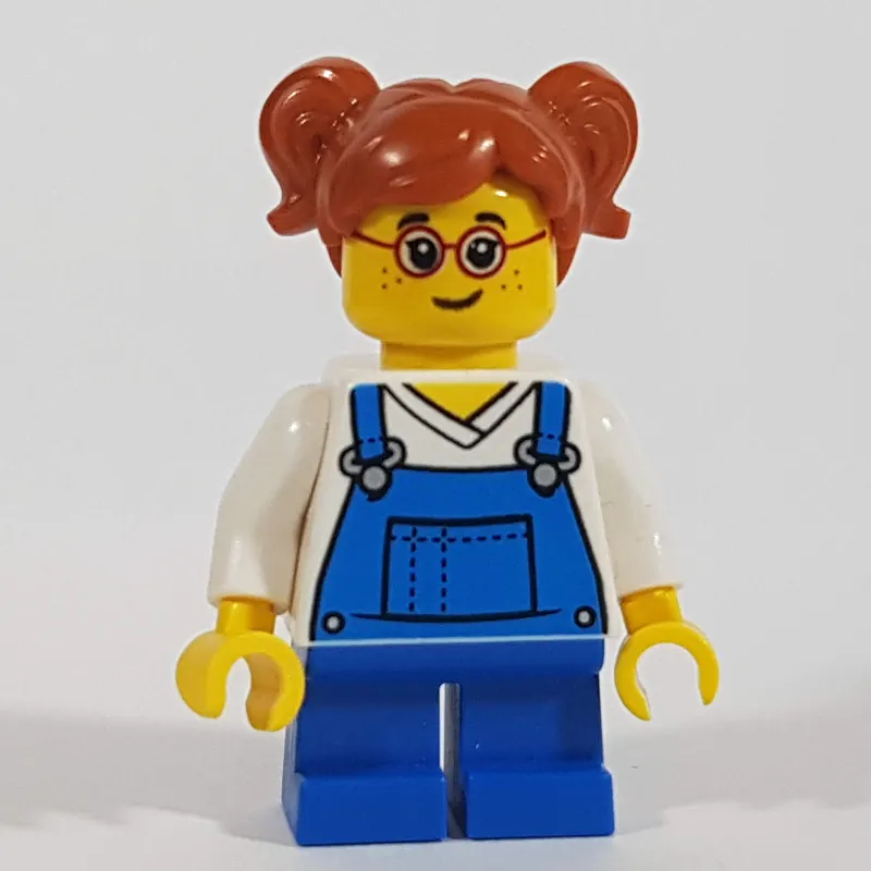 Girl, Blue Overalls, Short Legs, Glasses