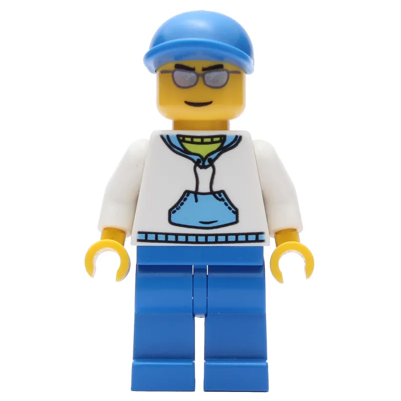 Man, White and Blue Hoodie, Blue Legs, Blue Cap, Silver Sunglasses