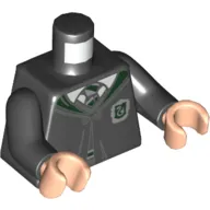 Torso Robe Clasped with Dark Green Trim and Slytherin Crest over Sweater, Dark Green Striped Tie Print, Black Arms, Light Nougat Hands