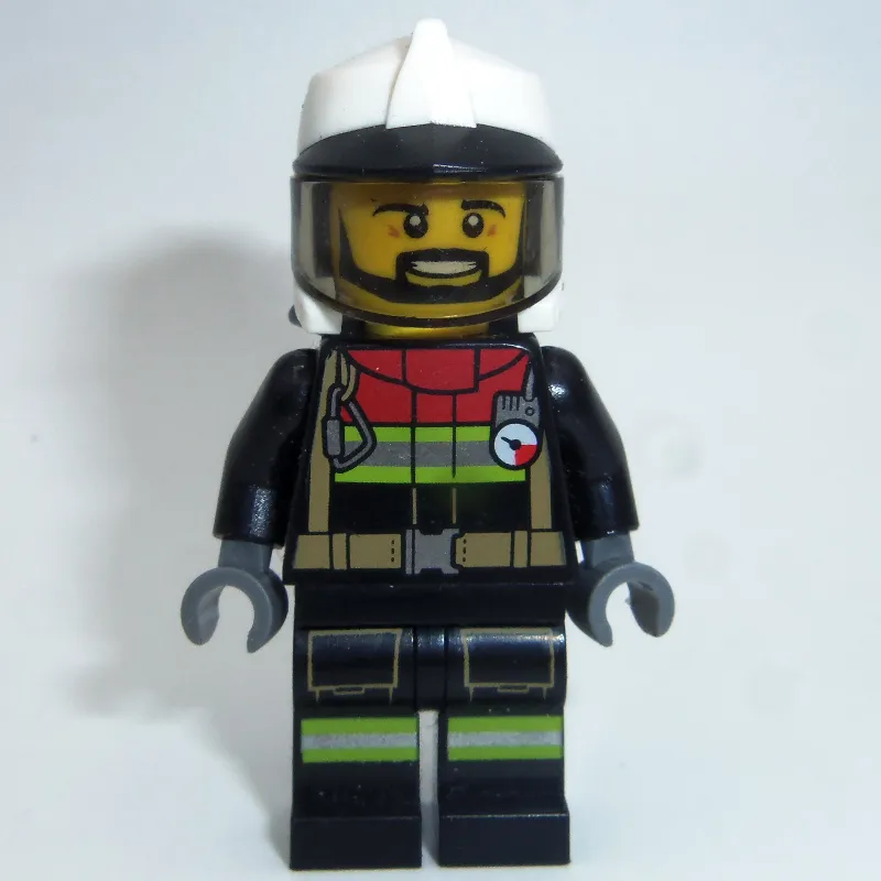 Fireman, Black Firesuit, White Helmet with Black Peak and Neck Protector with Visor